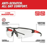 Milwaukee 48-73-2201 Safety Glasses - +1.00 Magnified Clear Anti-Scratch Lenses (Polybag)