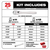 Milwaukee 48-22-9044 25pc 1/4" Drive Metric & SAE Ratchet and Socket Set with FOUR FLAT SIDES