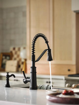 Moen Belfield Kitchen Faucet Modern Spring Kitchen Faucet with Power Boost Pre Rinse One Handle Easy Installation in Matte Black - 5927BL