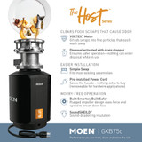 Moen Host Series Garbage Disposal for Kitchen Sink with Power Cord Control Activation Sound Reduction in Black - GXB75C