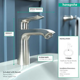 Hansgrohe 31080821 Metris 110 Single Hole Faucet in: Brushed Nickel: Brushed Nickel
