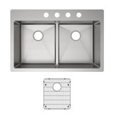 Elkay Crosstown 18 Gauge Stainless Steel 33" x 22" x 9", 4-Hole Equal Double Bowl Dual Mount Sink Kit with Aqua Divide