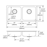 Elkay Lustertone Classic Stainless Steel 31-3/4" x 16-1/2" x 5-3/8", Equal Double Bowl Undermount ADA Sink