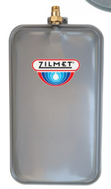 Zilmet ZFT24R 6.3 gal flat rectangular hydronic tank with 1/2" NPT connection, union (two-way check valve), and welded bracket