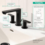 hansgrohe 72530671 Rebris S Widespread Faucet 110 with Pop-Up Drain, 1.2 GPM in Matte Black