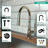 Hansgrohe 72813831 Talis S High Arc Kitchen Faucet, 2-Spray Pull-Down, 1.75 GPM in Polished Nickel