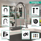 Hansgrohe 73837341 Aquno Select High Arc Kitchen Faucet, 3-Spray Pull-Down, 1.75 GPM in Brushed Black Chrome
