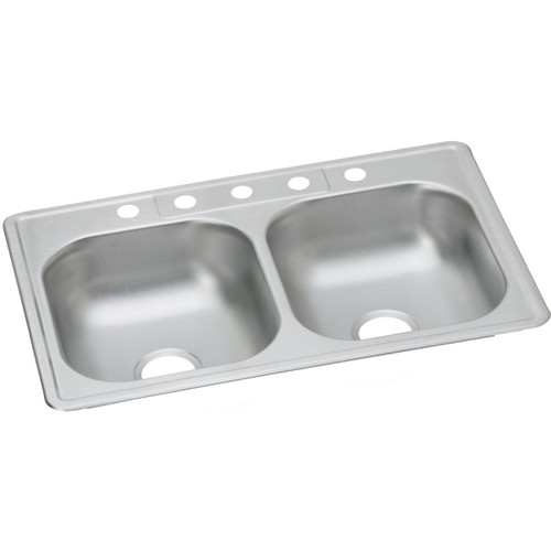 Elkay Dayton Stainless Steel 33" x 21-1/4" x 6-9/16" 5-Hole Equal Double Bowl Drop-in Sink