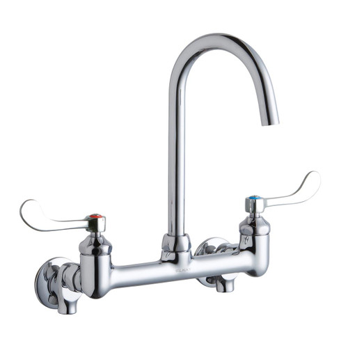 Elkay 8" Centerset Deck Mount Laminar Flow Faucet w/5" Gooseneck Spout 4" Wristblade Handles 1/2" Offset Inlets+Stop
