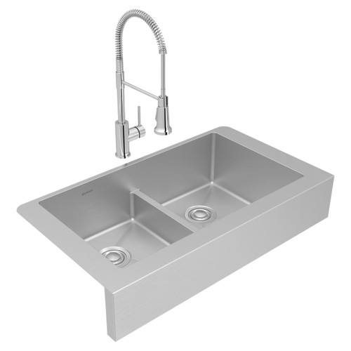 Elkay Crosstown 18 Gauge Stainless Steel 35-7/8" x 20-1/4" x 9", Equal Double Bowl Farmhouse Sink & Faucet Kit with Aqua Divide & Drain