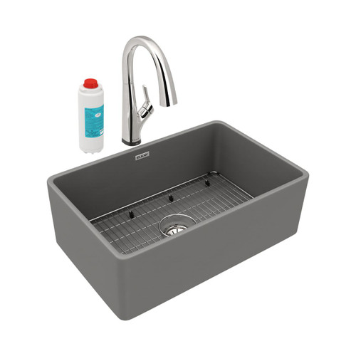 Elkay Fireclay 30" x 19-15/16" x 9-1/8" Single Bowl Farmhouse Sink Kit with Filtered Faucet Matte Gray