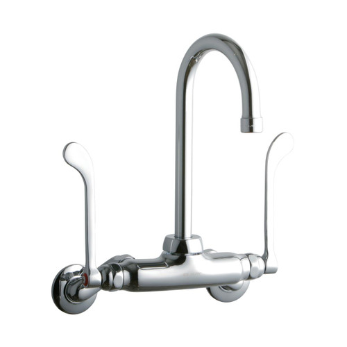 Elkay Foodservice 3-8" Adjustable Centers Wall Mount Faucet w/5" Gooseneck Spout 6" Wristblade Handles 2" Inlet