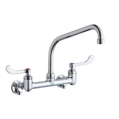 Elkay Foodservice 8" Centerset Wall Mount Faucet with 10" High Arc Spt 4" Wristblade Handles 1/2" Offset Inlets+Stop