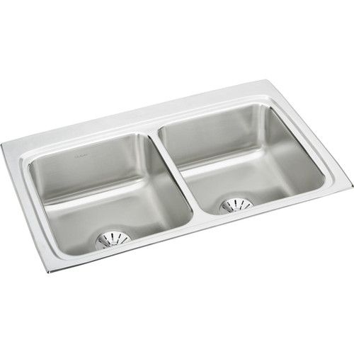 Elkay Lustertone Classic Stainless Steel 33" x 22" x 8-1/8", 0-Hole Equal Double Bowl Drop-in Sink with Perfect Drain