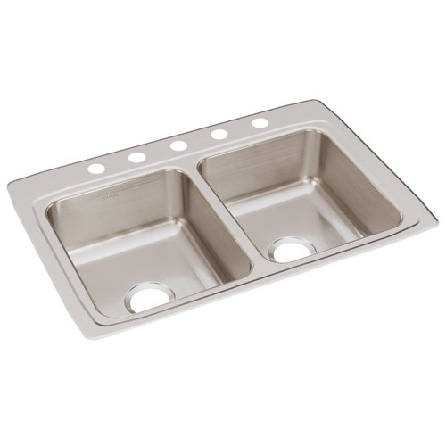 Elkay Lustertone Classic Stainless Steel 33" x 22" x 8-1/8", 5-Hole Equal Double Bowl Drop-in Sink