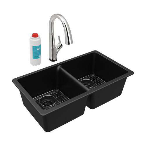Elkay Quartz Classic 33" x 18-1/2" x 9-1/2" Equal Double Bowl Undermount Sink Kit with Filtered Faucet Black