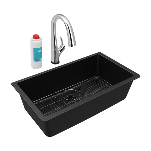 Elkay Quartz Classic 33" x 18-7/16" x 9-7/16" Single Bowl Undermount Sink Kit with Filtered Faucet Black