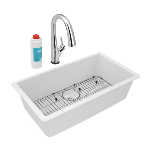 Elkay Quartz Classic 33" x 18-7/16" x 9-7/16" Single Bowl Undermount Sink Kit with Filtered Faucet White