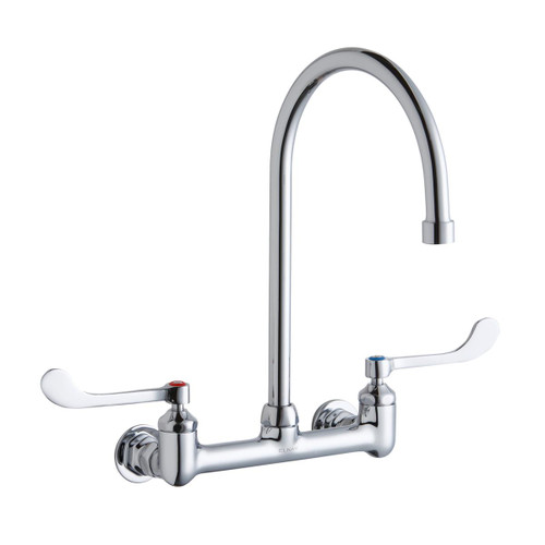 Elkay Scrub/Handwash 8" Centerset Wall Mount Faucet w/8" Gooseneck Spout 6" Wristblade Handles 1/2" Offset Inlet