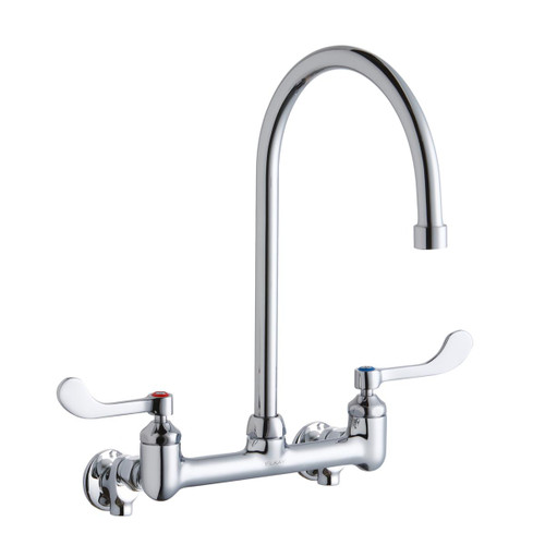 Elkay Scrub/Handwash 8" Centerset Wall Mount Faucet with 8" Gooseneck Spout 4in Wristblade Handle 1/2" Offset Inlets+Stop