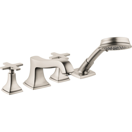 Hansgrohe 31449821 Metropol Classic 4-Hole Roman Tub Set Trim with Cross Handles and 1.8 GPM Handshower in Brushed Nickel