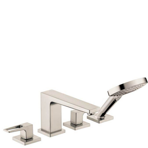 Hansgrohe 74555821 Metropol 4-Hole Roman Tub Set Trim with Loop Handles and 1.75 GPM Handshower in Brushed Nickel