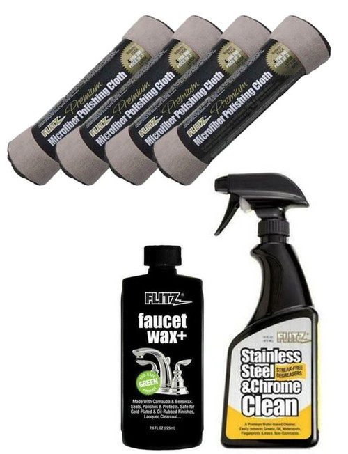 Flitz Bundle: Premium Microfiber Polishing Cloth 4-Pack, Stainless Steel & Chrome Cleaner, 16 oz., Faucet Wax+, 7.6 oz.