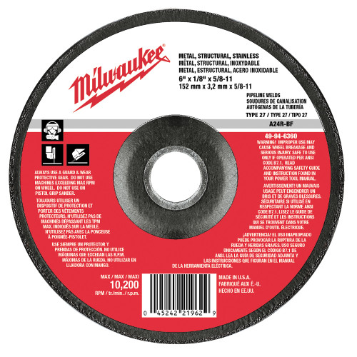 Milwaukee 49-94-6360 6 in. x 1/8 in. x 5/8-11 in. Grinding Wheel (Type 27)