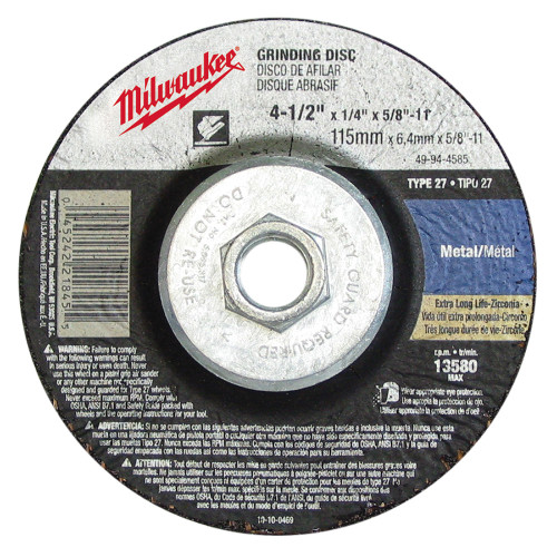 Milwaukee 49-94-4585 4-1/2 in. x 1/4 in. x 5/8 to 11 in. Grinding Wheel (Type 27)