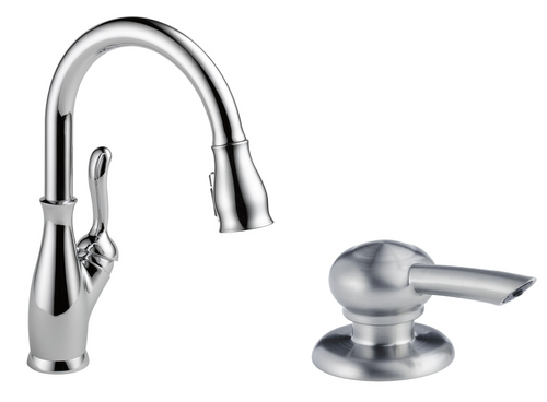 BUNDLE: Delta Leland Single Handle Pull Down Kitchen Faucet With Delta Leland Soap Dispenser In Arctic Stainless