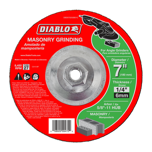 Diablo DBD070250B01C 7 in. Masonry Grinding Disc - Type 27 HUB