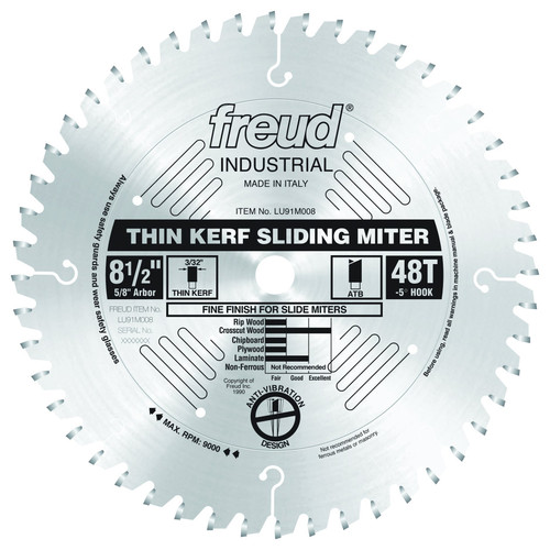 Freud LU91M008 8-1/2" Thin Kerf Sliding Compound Miter Saw Blade