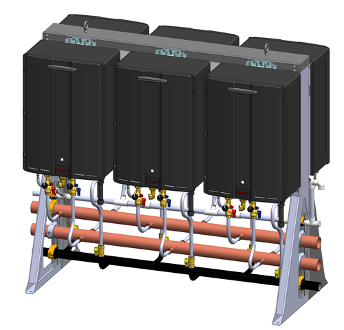 Rinnai TRS Series 66 GPM 1,194,000 BTU Outdoor Sensei 6 Unit Natural Gas Free-Standing Inline Tankless Water Heater Rack System - TRS06CUEN