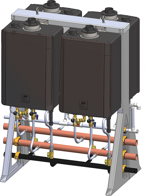 Rinnai TRS Series 44 GPM 796,000 BTU Indoor Outdoor Sensei CX 4 Unit Free-Standing Tankless Water Heater Rack System - TRS04CXIN Rinnai TRS Series 44 GPM 796,000 BTU Indoor Outdoor Sensei CX 4 Unit Free-Standing Tankless Water Heater Rack System - TRS04CXIN