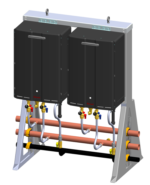 Rinnai TRS Series 22 GPM 398,000 BTU Outdoor Sensei 2 Unit Natural Gas Free-Standing Inline Tankless Water Heater Rack System - TRS02ILCUEN