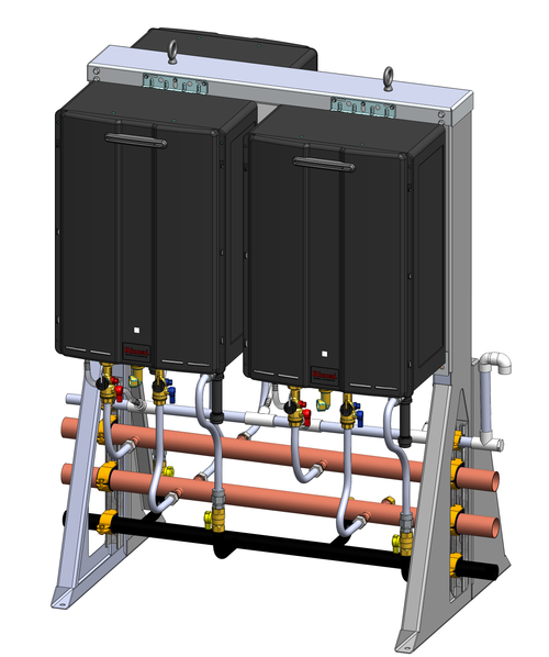 Rinnai TRS Series 33 GPM 597,000 BTU Outdoor Sensei 3 Unit Natural Gas Free-Standing Tankless Water Heater Rack System - TRS03CUEN