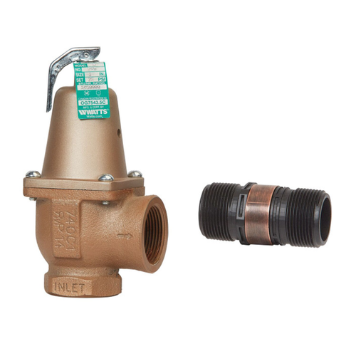 Watts 1" 740 Iron Boiler Pressure Relief Valve, 75 psi, Expanded Outlets, Discharge Line Flood Sensor Included - F382821