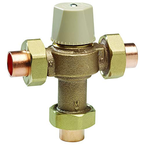 Watts 1/2" Lead Free Thermostatic Mixing Valve, Solder Union End Connections, Adjustable Out 80-120 F - 0559115