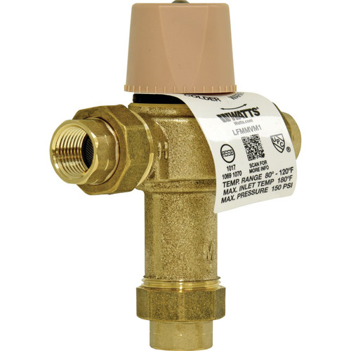 Watts 1" Lead Free Thermostatic Mixing Valve, Threaded Union End Connection, Adjustable Out 80-120 F - 0559122