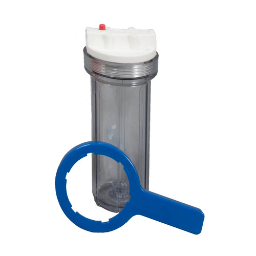Sterling Water Treatment Clear Housing for 2.5 inch by 10 inch Cartridge with 3/4 inch Ports, Includes Wrench - HC34 Sterling Water Treatment Clear Housing for 2.5 inch by 10 inch Cartridge with 3/4 inch Ports, Includes Wrench - HC34