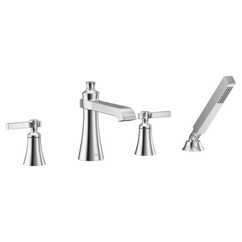 Moen Flara 2 Handle Deck Mount Lever Handle Roman Tub Faucet Trim Kit Including Single Function Handshower in Chrome - TS928
