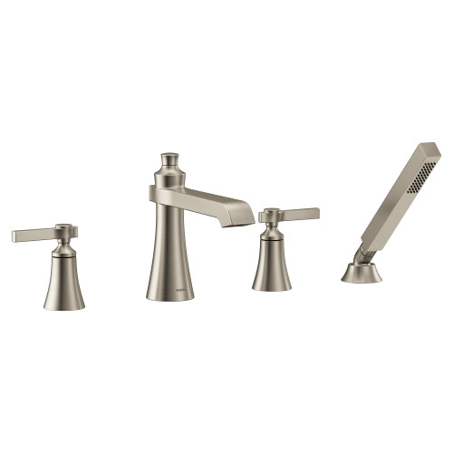 Moen Flara 2 Handle Deck Mount Lever Handle Roman Tub Faucet Trim Kit Including Single Function Handshower in Brushed Nickel - TS928BN