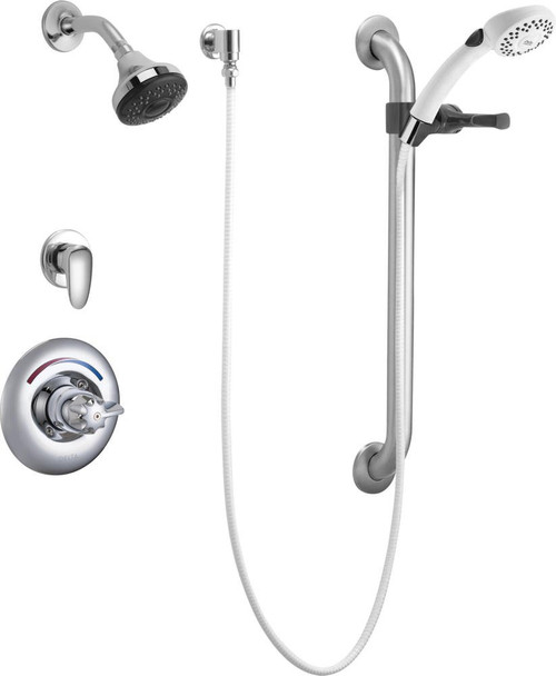 Closeout Open Box Commercial T13H T13H333 Universal Dual Shower Trim, Diverter, Hand Shower, and Grab Bar - Single Handle Blade: Chrome