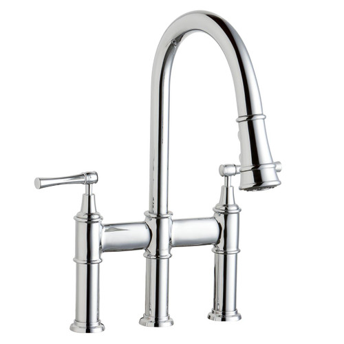 Elkay Explore Three Hole Bridge Faucet with Pull-down Spray and Lever Handles Chrome