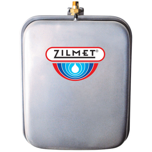 Zilmet ZFT18R 4.8 gal flat rectangular hydronic tank with 1/2" NPT connection, union (two-way check valve), and welded bracket