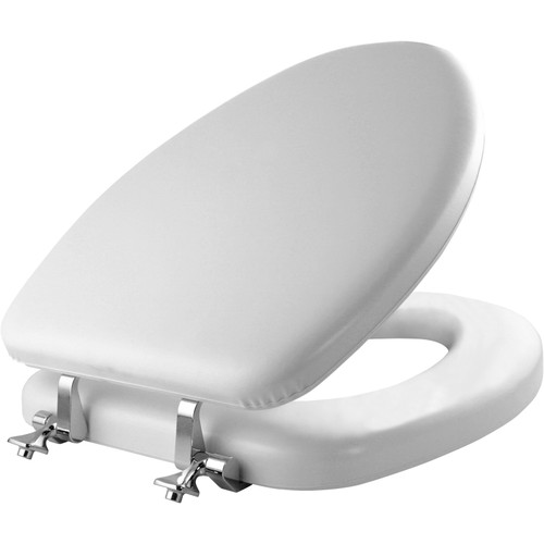 Mayfair by Bemis 1815CP 000 Elongated Cushioned Vinyl Soft Toilet Seat in White with STA-TITE Seat Fastening System and Chrome Hinge