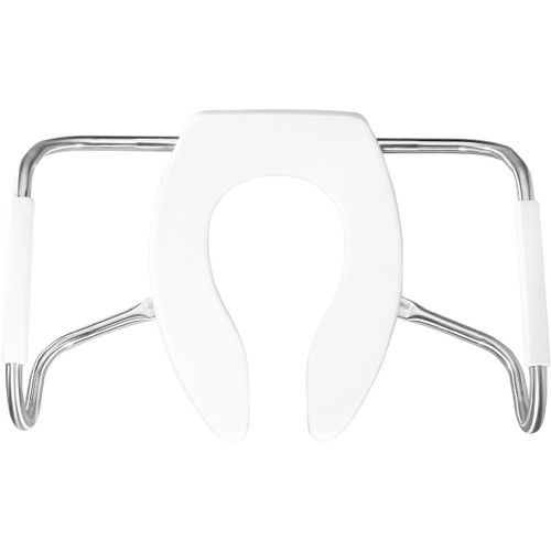 Bemis MA2155T 000 Elongated Open Front Less Cover Medic-Aid Plastic Toilet Seat in White with STA-TITE Commercial Fastening System, DuraGuard and Stainless Steel Safety Side Arms