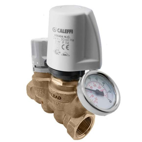 Caleffi 116370A ThermoSetter Adjustable Thermal Balancing Valve 1-1/4" FNPT w/ 656 Actuator mounts w/ Pressue Gauge