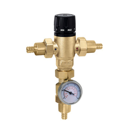 Caleffi 521618AC MixCal 3-way Mixing Valve 1" Pex Expansion w/Check Valves & Temp Gauge