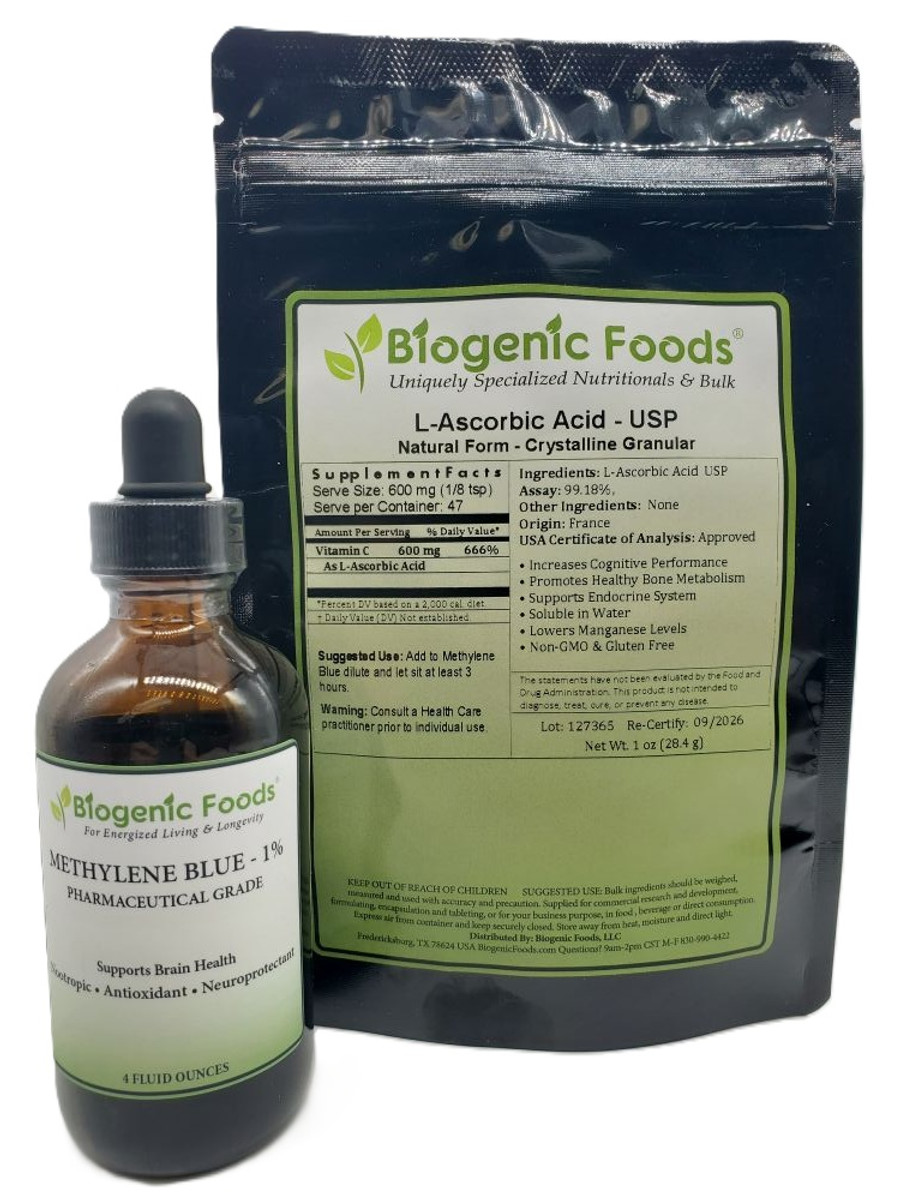 Methylene Blue, 1% USP (Pharmaceutical) Grade - 99.9% Purity, 118 mL (4 fl oz) Amber Glass Dropper Bottle & 1 oz Ascorbic Acid Powder Included - Made in USA Methylene Blue, 1% USP (Pharmaceutical) Grade - 99.9% Purity, 118 mL (4 fl oz) Amber Glass Dropper Bottle & 1 oz Ascorbic Acid Powder Included - Made in USA